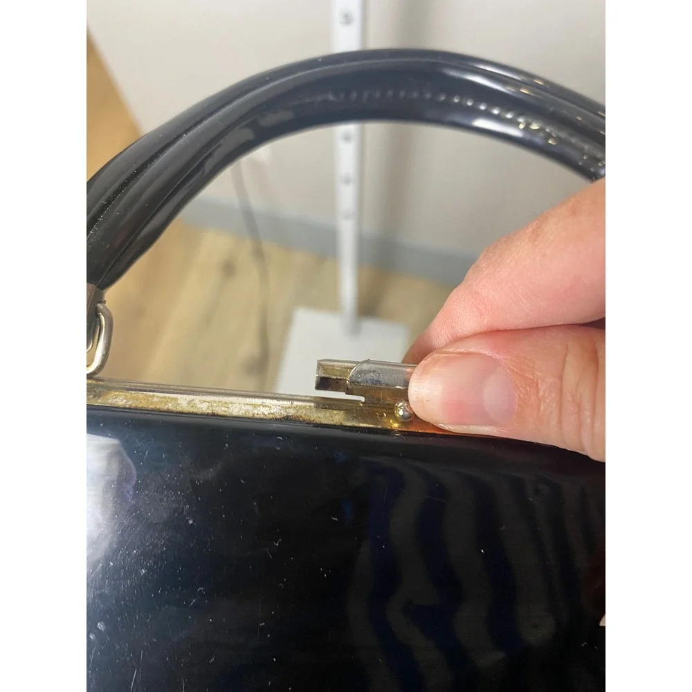 Vintage Black Patent Leather Top Handle Handbag Doctor Bag Mid Century